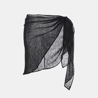 Schwarzer, halbtransparenter Strand-Sarong mit Knoten an der Seite und asymmetrischem, schräg fallendem Saum