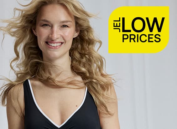 JEL LOW PRICES – Personne souriante en haut de maillot de bain noir, face à l’objectif