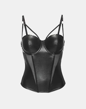 Buste lingerie noir avec bonnets à armatures et fines bretelles réglables, vu de face sur fond uni