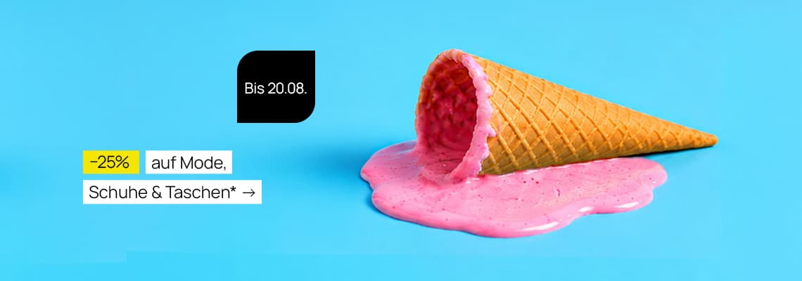 -25 % auf Mode, Schuhe & Taschen bis 20.08. – umgekipptes Waffeleis mit rosa Eiscreme vor blauem Hintergrund