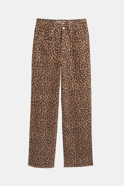 Braune Hose mit Leopardenmuster, gerade geschnitten, mit Knopfverschluss und Taschen vorne