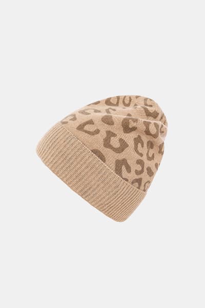 Hellbraune Mütze mit Leopardenmuster und breitem, geripptem Rand