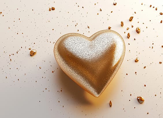 Goldenes Herz auf hellem Hintergrund, umgeben von kleinen goldenen Körnern.