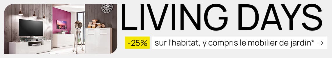 -25% sur l’habitat, y compris le mobilier de jardin – Salon moderne avec télé et meuble blanc