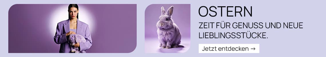 OSTERN – Zeit für Genuss und neue Lieblingsstücke. Person in lila Outfit hält Kaninchen, daneben ein Kaninchen auf lila Hintergrund.