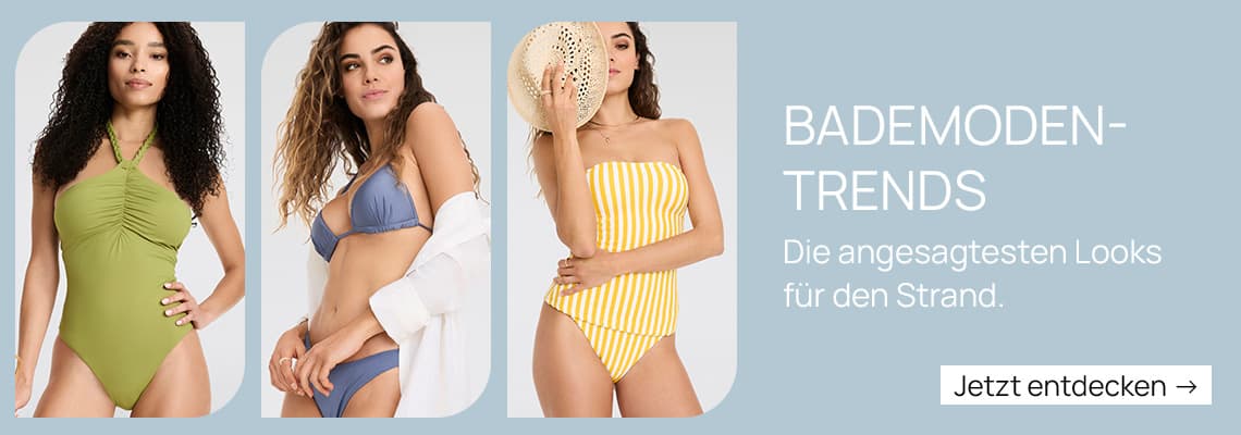 Bademoden-Trends – drei Frauen in Badeanzug und Bikini vor hellem Hintergrund, Button Jetzt entdecken