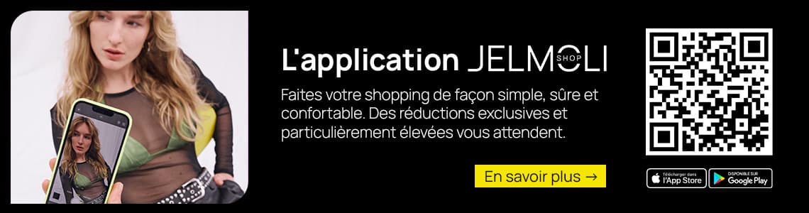Jelmoli Shop App – Frau fotografiert ihr Outfit, daneben QR-Code und Buttons zum Download im App Store und bei Google Play