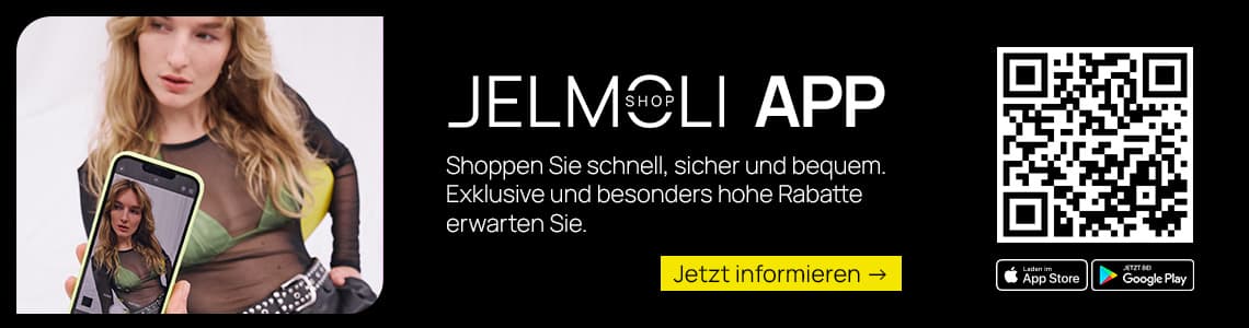 Jelmoli Shop App – Frau fotografiert ihr Outfit, daneben QR-Code und Buttons zum Download im App Store und bei Google Play