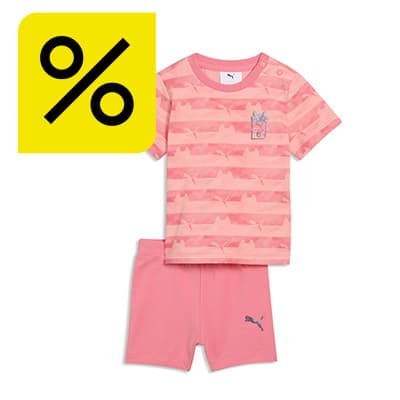 Prozentzeichen auf gelbem Feld neben Strampler mit Bärenkopf-Motiv als Symbol für Rabatt auf Babybodys