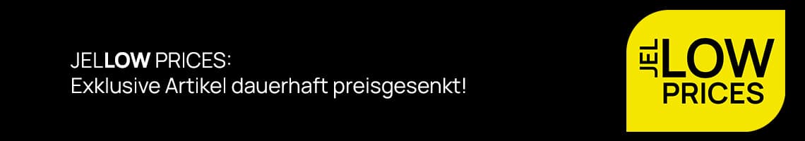 JELLOW PRICES – Exklusive Artikel dauerhaft preisgesenkt, gelbes Logo mit schwarzer Schrift auf schwarzem Hintergrund