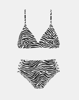 Bikini deux pièces à motif zébré noir et blanc, haut triangle et bas taille haute avec liens sur les côtés