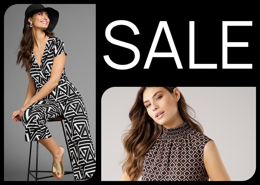 SALE – zwei Frauen in gemusterten Outfits, eine im Jumpsuit mit Hut, eine im ärmellosen Top, präsentieren Modeangebote